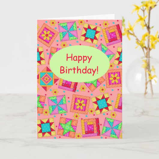 Koraal Oranje Patchwork Quilt Art Happy Birthday Kaart (Gele Bloem)