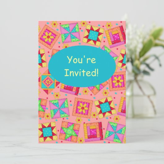 Koraal Oranje patchwork Quilt Block Art Kaart (Staand voorkant)