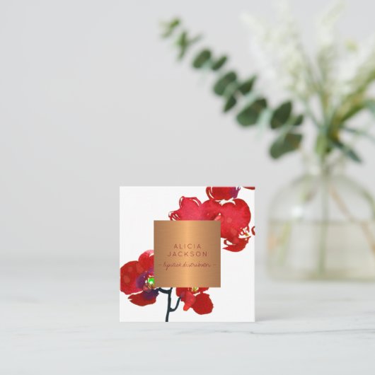 Koraal orchidee koper roos gouden lippenstift dist vierkante visitekaartje (Staand voorkant)