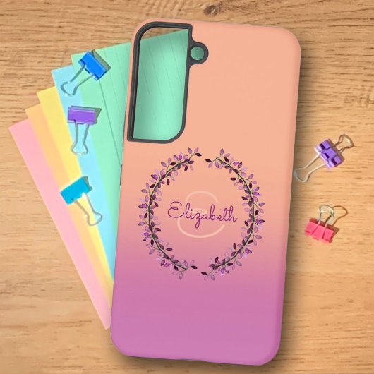 Koraal Paarse Ombre Krans Omcirkelde Monogram Naam Samsung Galaxy Hoesje