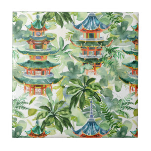 Koraal Pagode Cottage Tuin Aquarel Tegeltje
