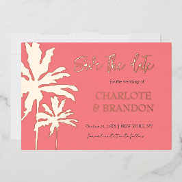 Koraal Palmboom Strand Bruiloft Save The Date Goud Folie Uitnodiging