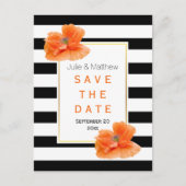 Koraal papavers en strepen bruiloft Save the Date Aankondigingskaart (Voorkant)