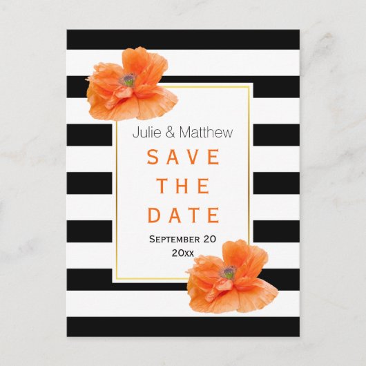 Koraal papavers en strepen bruiloft Save the Date Aankondigingskaart (Voorkant)