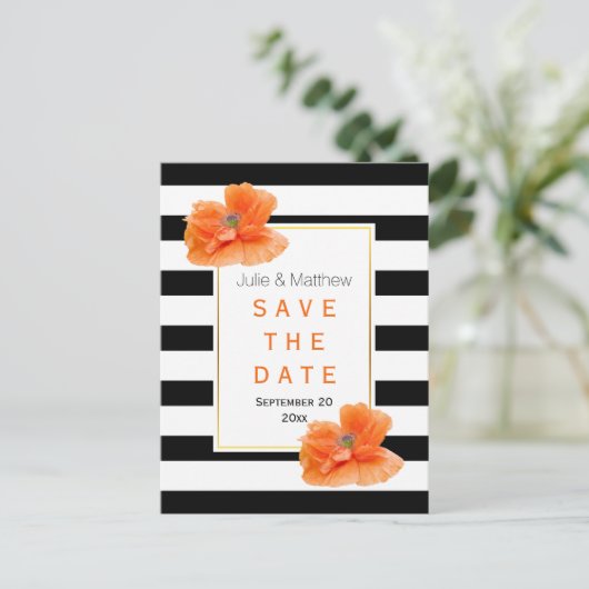 Koraal papavers en strepen bruiloft Save the Date Aankondigingskaart (Staand voorkant)