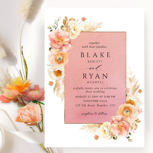 Koraal, peach, Blush en Cream Floral Chic Wedding Kaart