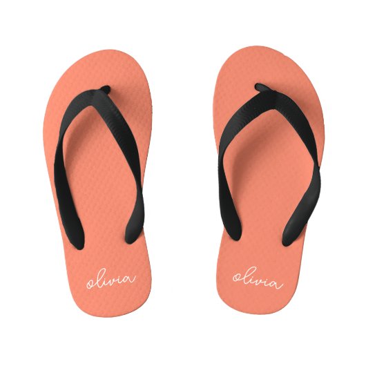 Koraal Peach Girly Monogram Naam Kinder Teenslippers (Voetbed)