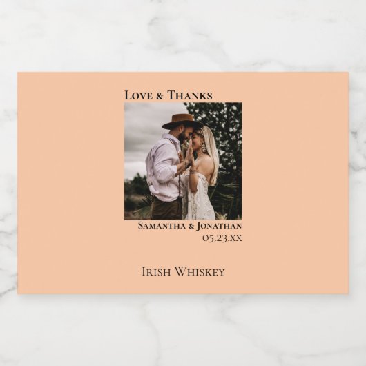 Koraal Peach Liefde & Bedankt Trouwfoto Mini Likeurfles Etiket (Enkel label)