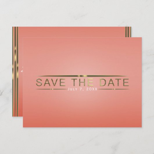 Koraal peach & Shiny Gold Modern Sparen de Datum Aankondigingskaart (Voorkant / Achterkant)