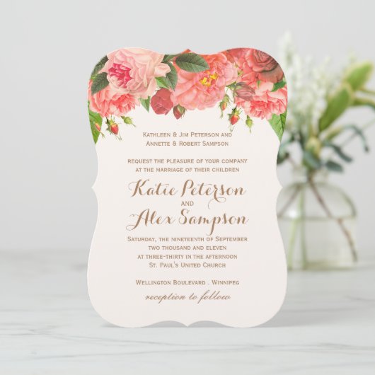 Koraal Peonie op Gouden Glitter Bruiloft Uitnodigi Kaart (Staand voorkant)