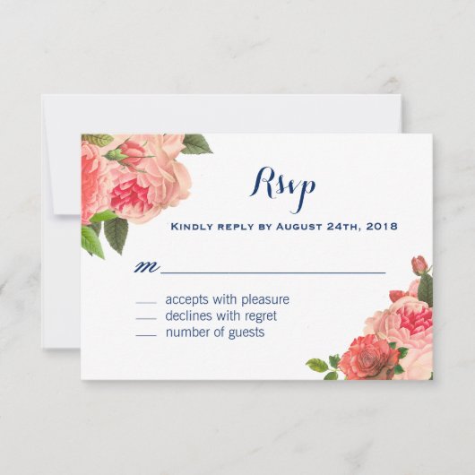 Koraal Peonie op Navy RSVP-kaarten RSVP Kaartje (Voorkant)
