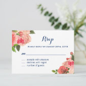 Koraal Peonie op Navy RSVP-kaarten RSVP Kaartje (Staand voorkant)