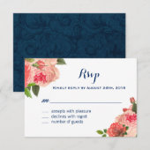 Koraal Peonie op Navy RSVP-kaarten RSVP Kaartje (Voorkant / Achterkant)
