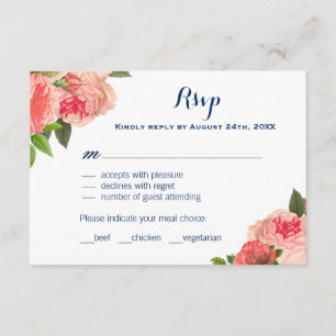 Koraal Peonie op Navy RSVP-kaarten RSVP Kaartje