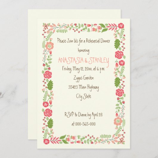 Koraal perzik bloemenborder bruiloft repetitie din kaart (Voorkant / Achterkant)