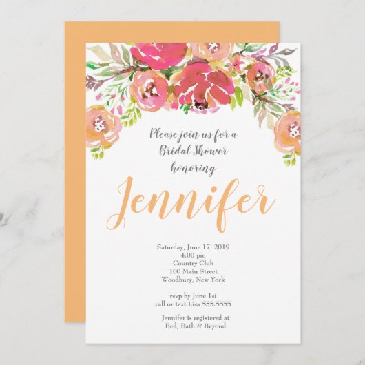 Koraal & Perzik bloemige Bruiloftsontvangst Kaart (Voorkant / Achterkant)