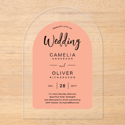 Koraal perzik boog acryl bruiloft nodigt moderne acryl uitnodigingen (Voorkant)