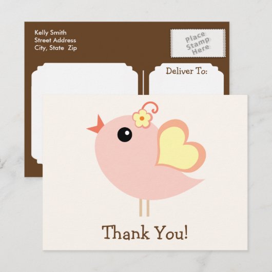 Koraal, perzik, gele liefdesvogel bedankt briefkaart (Voorkant / Achterkant)