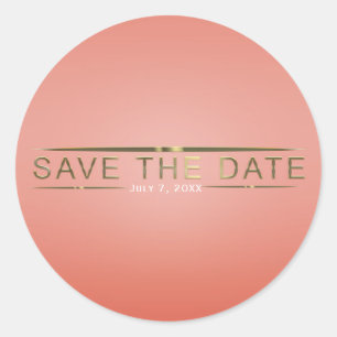 Koraal Perzik & Glanzend Goud Modern Save the Date Ronde Sticker
