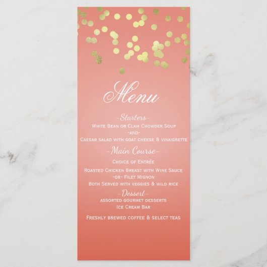Koraal Perzik & Goud Stippen Chic Uitnodiging Menu (Voorkant)