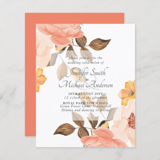 Koraal Perzik Gouden Bronzen Bloemen Bruiloft Uitn (Voorkant / Achterkant)