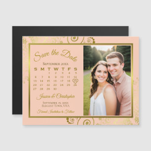 Koraal Perzik & Gouden Kalender Foto Save Date Mag Magnetische Uitnodiging