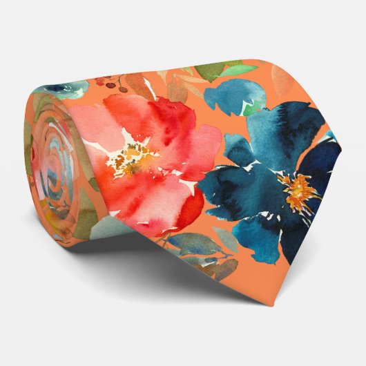 Koraal Perzik Indigo Navy Blauwe Rozen Bloemendass Stropdas (Opgerold)