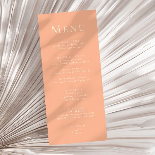 Koraal Perzik Modern Minimalistisch Trouwmenu Kaar Menu
