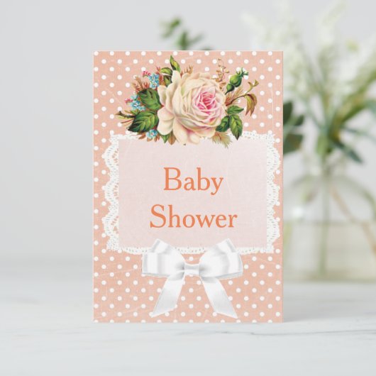 Koraal, perzik Roos  Poilka Dot Baby shower Kaart (Staand voorkant)