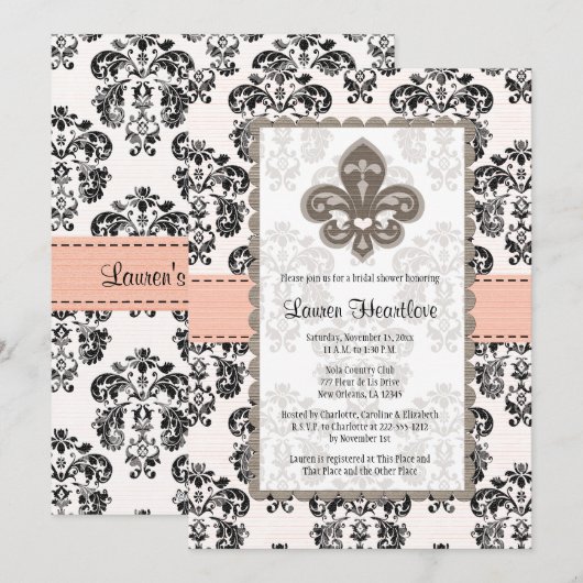 Koraal Perzikfleur de Lis Bridal Shower-uitnodigin Kaart (Voorkant / Achterkant)