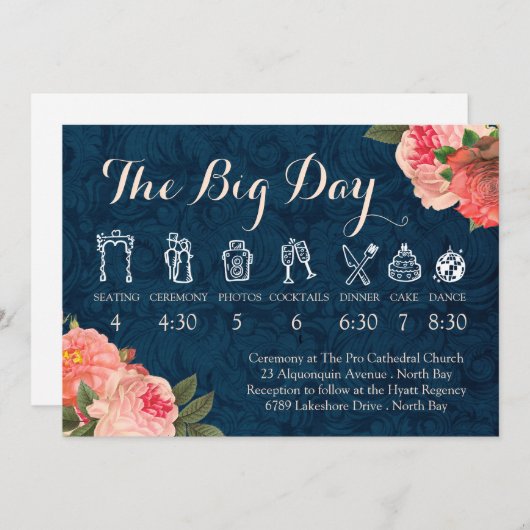 Koraal Pioenrozen en Marine Bruiloft Tijdslijn Programmakaart (Voorkant / Achterkant)