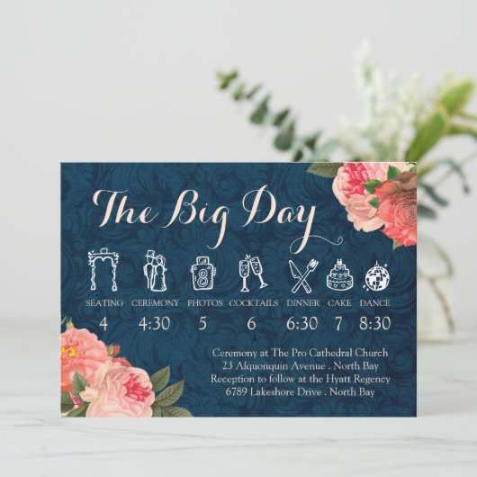 Koraal Pioenrozen en Marine Bruiloft Tijdslijn Programmakaart (Staand voorkant)