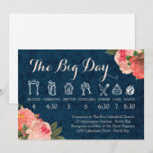 Koraal Pioenrozen en Navy Trouwtijdlijn Programmakaart (Voorkant / Achterkant)