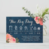 Koraal Pioenrozen en Navy Trouwtijdlijn Programmakaart (Staand voorkant)