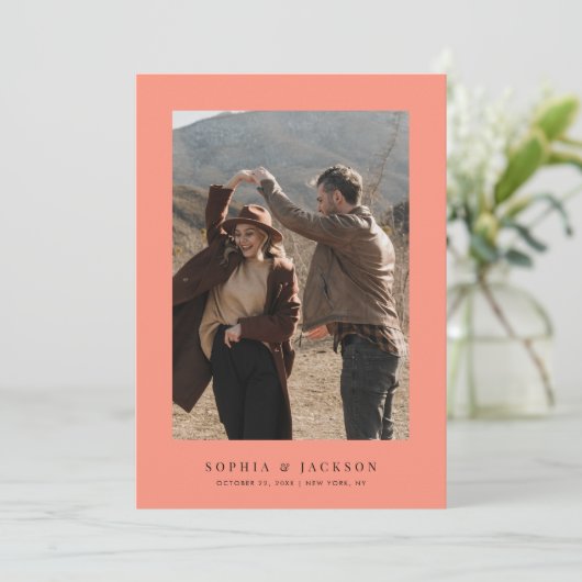 Koraal Pop Moderne foto bruiloft Save The Date (Staand voorkant)