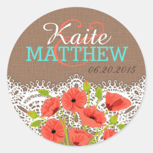 Koraal Poppies Lace Burlap Bruiloft Label