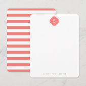 Koraal Quatrefoil Monogram en Stripes Notitiekaart Kaart (Voorkant / Achterkant)