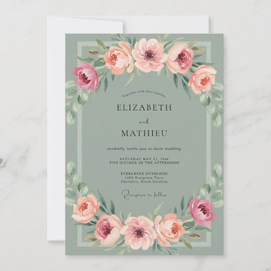 Koraal Ranunculus Olijf Stof Eucalyptus Bruiloft Kaart (Voorkant)