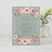 Koraal Ranunculus Olijf Stof Eucalyptus Bruiloft Kaart (Staand voorkant)