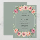 Koraal Ranunculus Olijf Stof Eucalyptus Bruiloft Kaart (Voorkant / Achterkant)