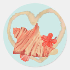 Koraal Red en Mint Seashell Liefde Ronde Sticker