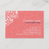 Koraal-rode achtergrond en witte bloemenkant visitekaartje (Achterkant)