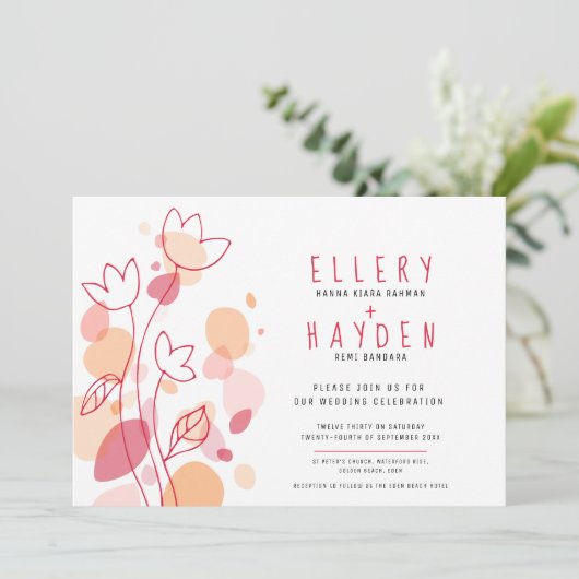 Koraal rode bloem grafische confetti bloemblaadjes kaart (Staand voorkant)