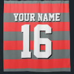 Koraal Rode Houtskool Sport Jersey Preppy Stripe Douchegordijn<br><div class="desc">Preppy Striped Team Jersey / Sports Jersey / Football Jersey / Rugby Jersey met aangepaste naam Pas dit aan met uw eigen naam of teamnaam en een nummer. U kunt de grootte, de kleur en de plaatsing van de tekst wijzigen als u wijzigingen moet aanbrengen, de kleur van de tekstschaduw...</div>
