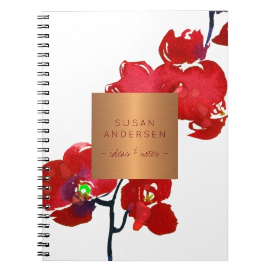 Koraal rode orchidee elegant koper metallic label notitieboek (Voorkant)