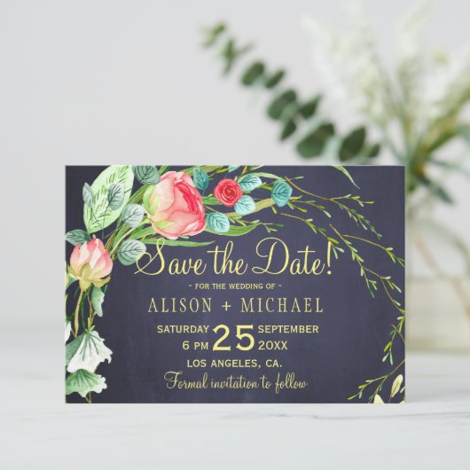 Koraal rode rozen blauwgroen marineblauw bruiloft  save the date (Staand voorkant)