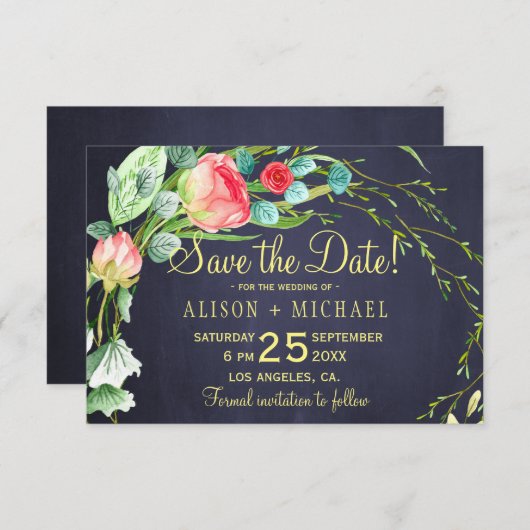 Koraal rode rozen blauwgroen marineblauw bruiloft save the date (Voorkant / Achterkant)