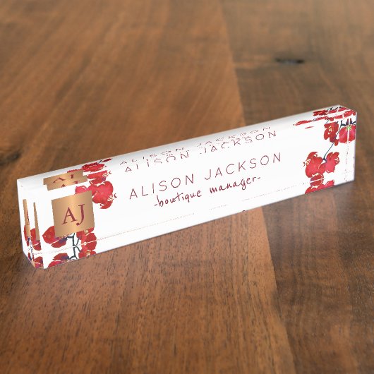 Koraal rode waterverf orchidee koper monogrammed naambordje (Zijkant)