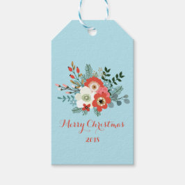 Koraal Rood Bloemen Blauw Kerstmis Cadeaulabel