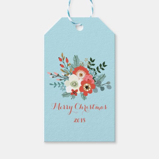 Koraal Rood Bloemen Blauw Kerstmis Cadeaulabel (Voorkant)